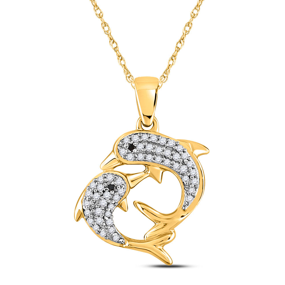 10kt Yellow Gold Women's Diamond Double Dolphin Animal Pendant 1/3 ctw - view 4