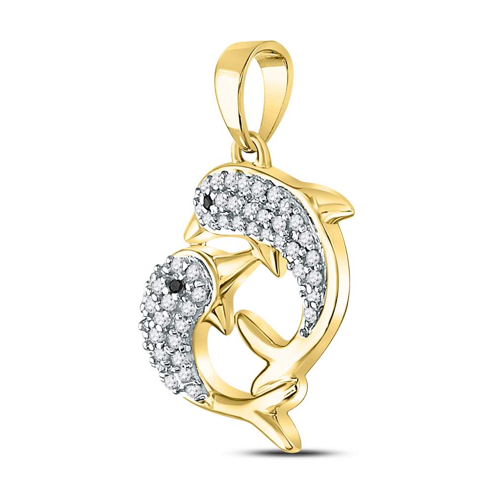 10kt Yellow Gold Women's Diamond Double Dolphin Animal Pendant 1/3 ctw - view 2