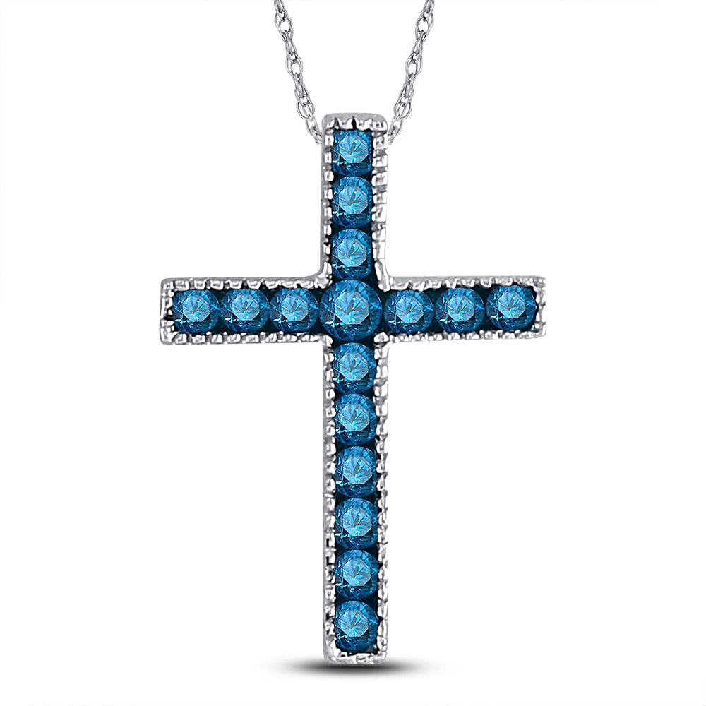 10kt White Gold Women's Blue Color Enhanced Diamond Small Cross Pendant 1/6 ctw