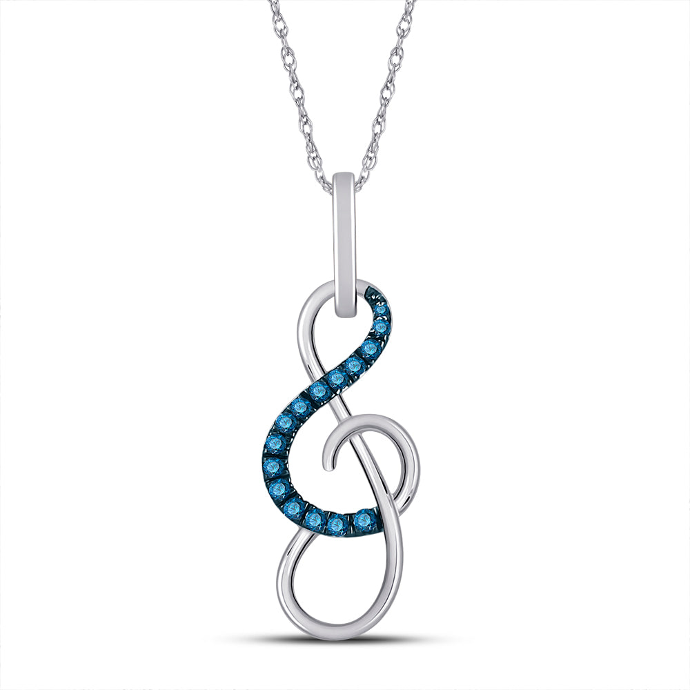 10kt White Gold Women's Blue Color Enhanced Diamond Treble Clef Music Pendant 1/10 ctw