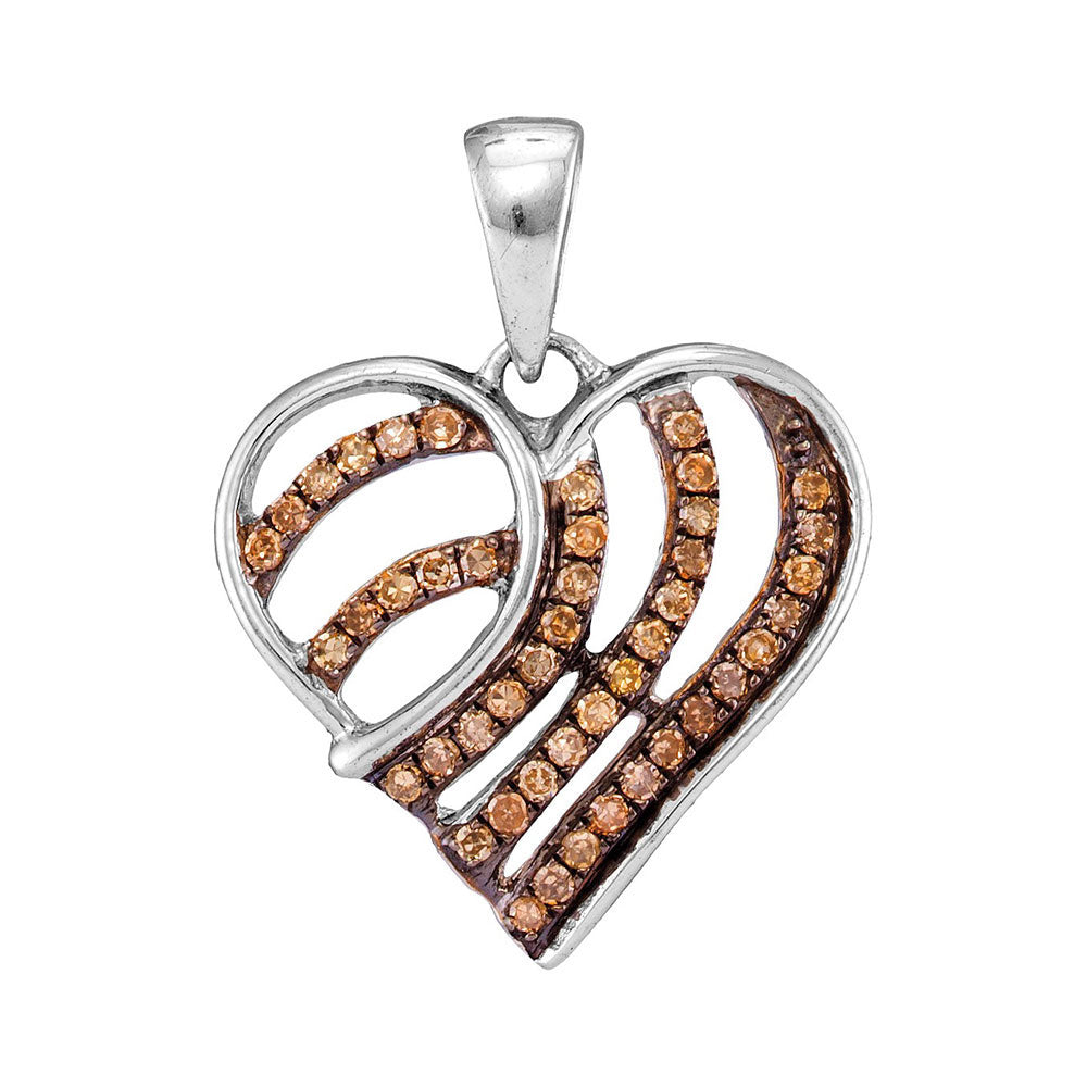 10kt White Gold Women's Brown Diamond Striped Heart Pendant 1/4 ctw