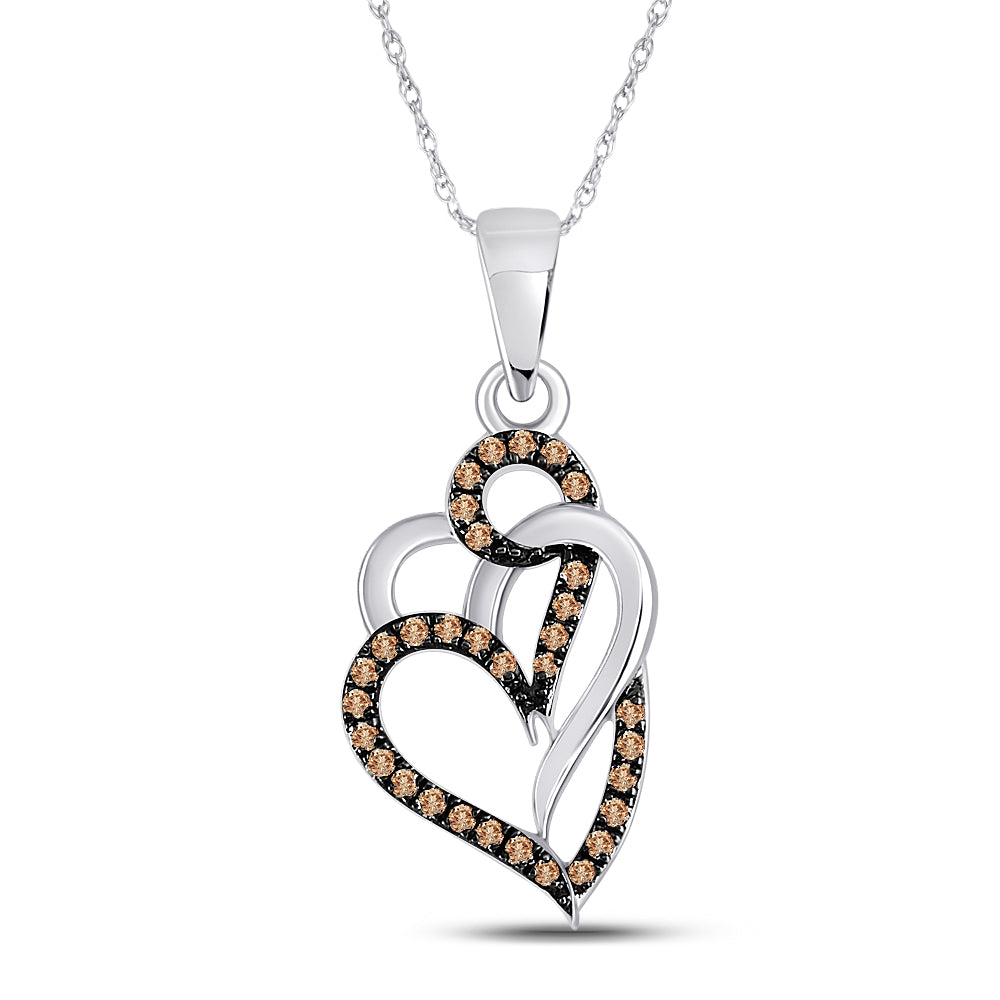 10kt White Gold Women's Brown Diamond Triple Heart Pendant 1/4 ctw