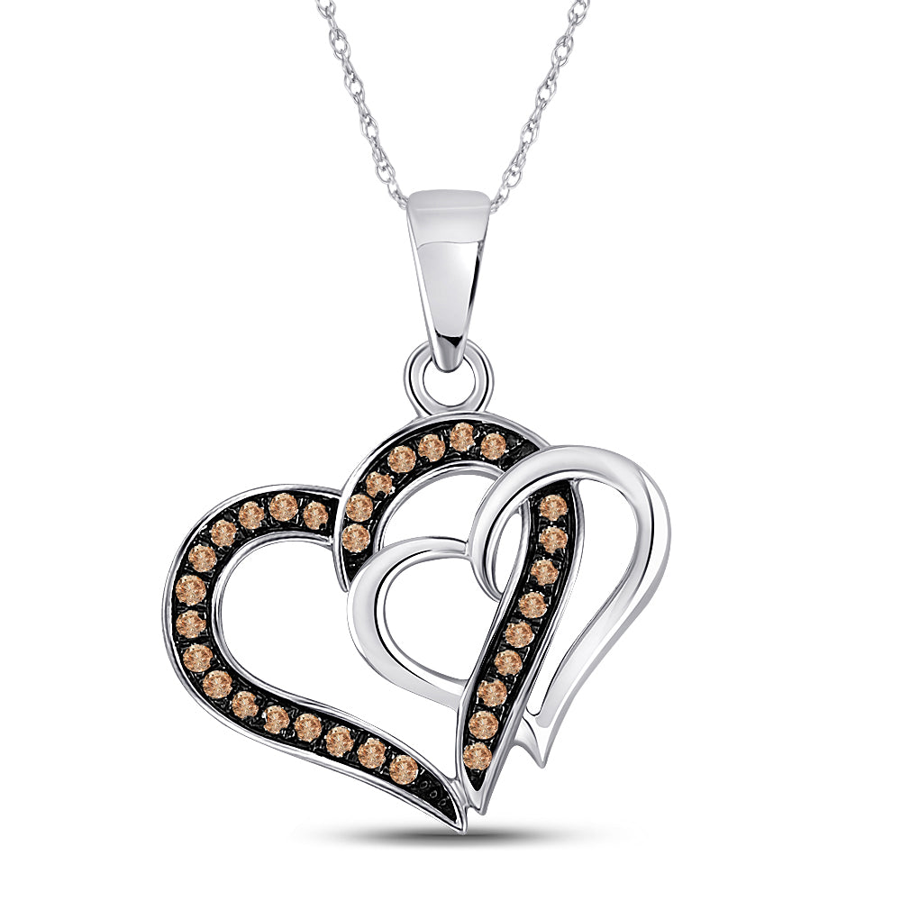10kt White Gold Women's Brown Diamond Double Linked Heart Pendant 1/4 ctw