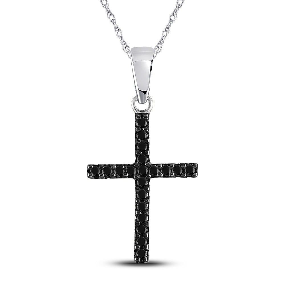10kt White Gold Women's Black Color Enhanced Diamond Cross Religious Pendant 1/5 ctw