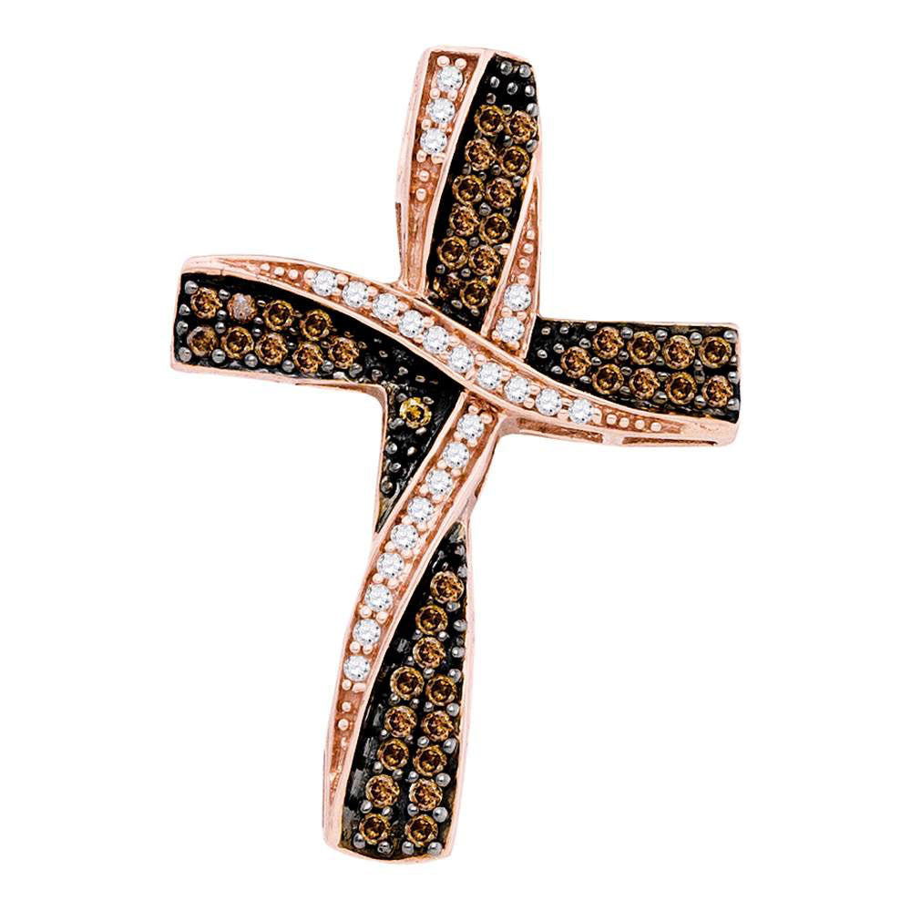 10kt Rose Gold Women's Round Brown Diamond Cross Pendant 1/2 ctw