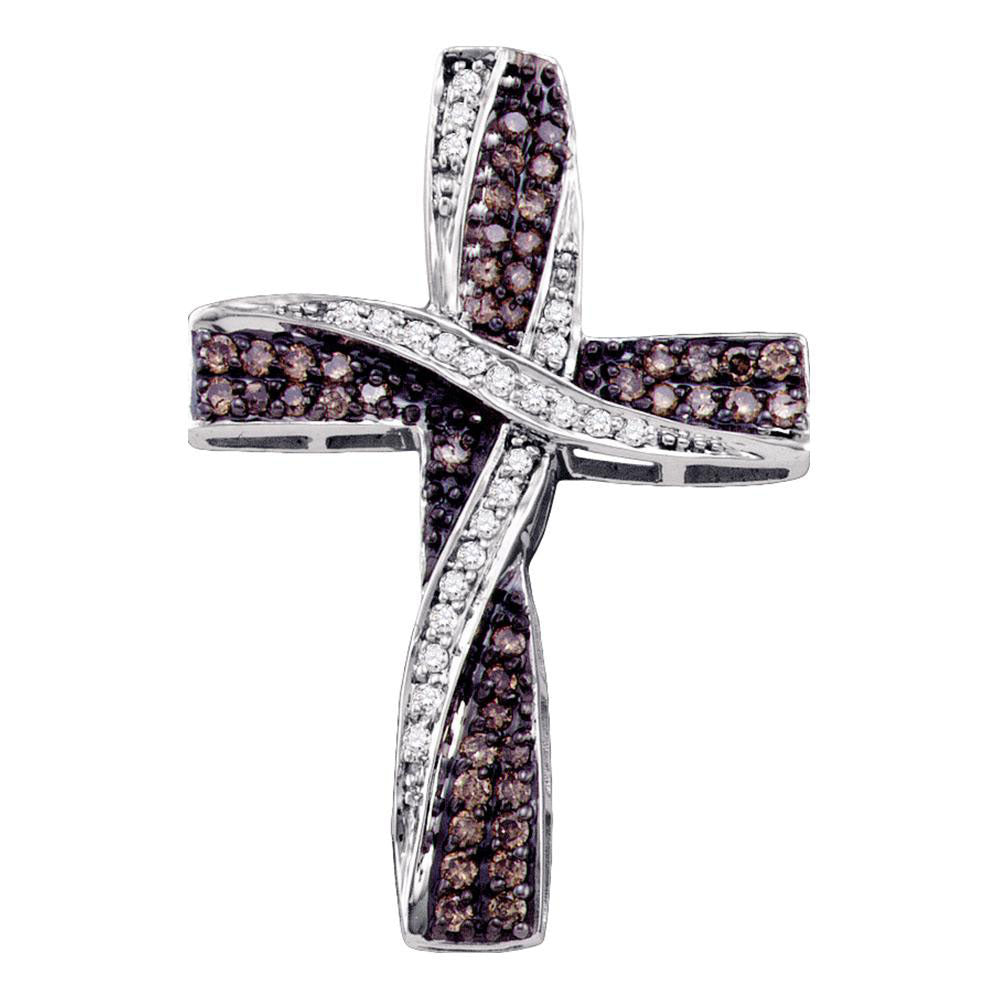 10kt White Gold Women's Brown Diamond Cross Pendant 1/2 ctw