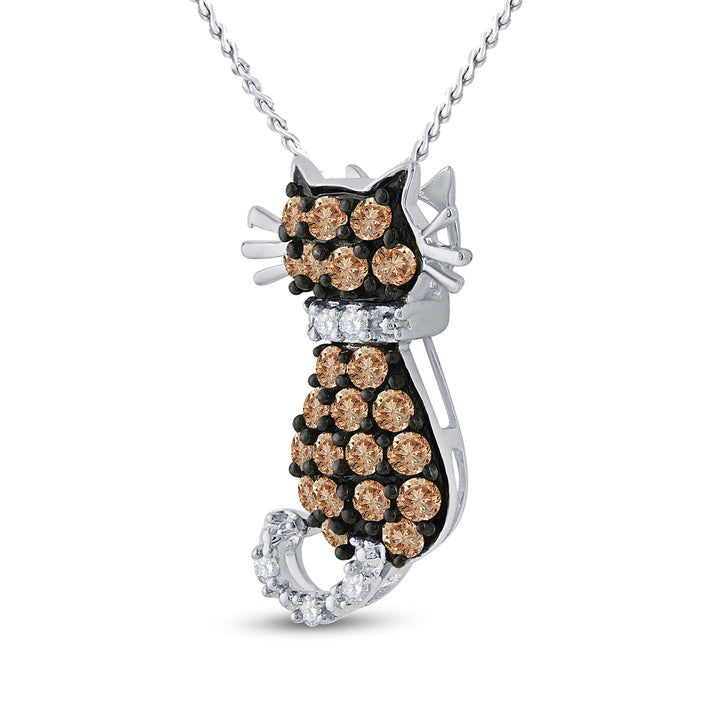 10k White Gold Brown Diamond Kitty Cat Women's Pendant 1/3 ctw
