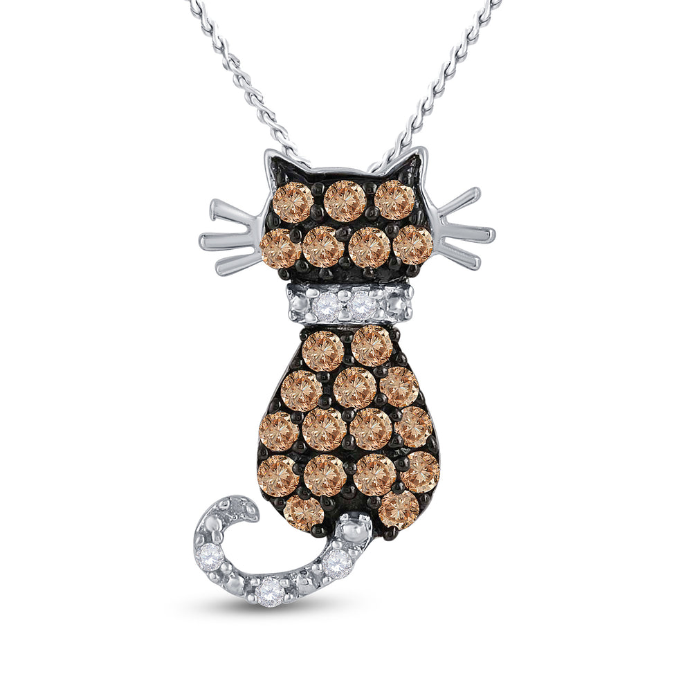 10k White Gold Brown Diamond Kitty Cat Women's Pendant 1/3 ctw - view 2