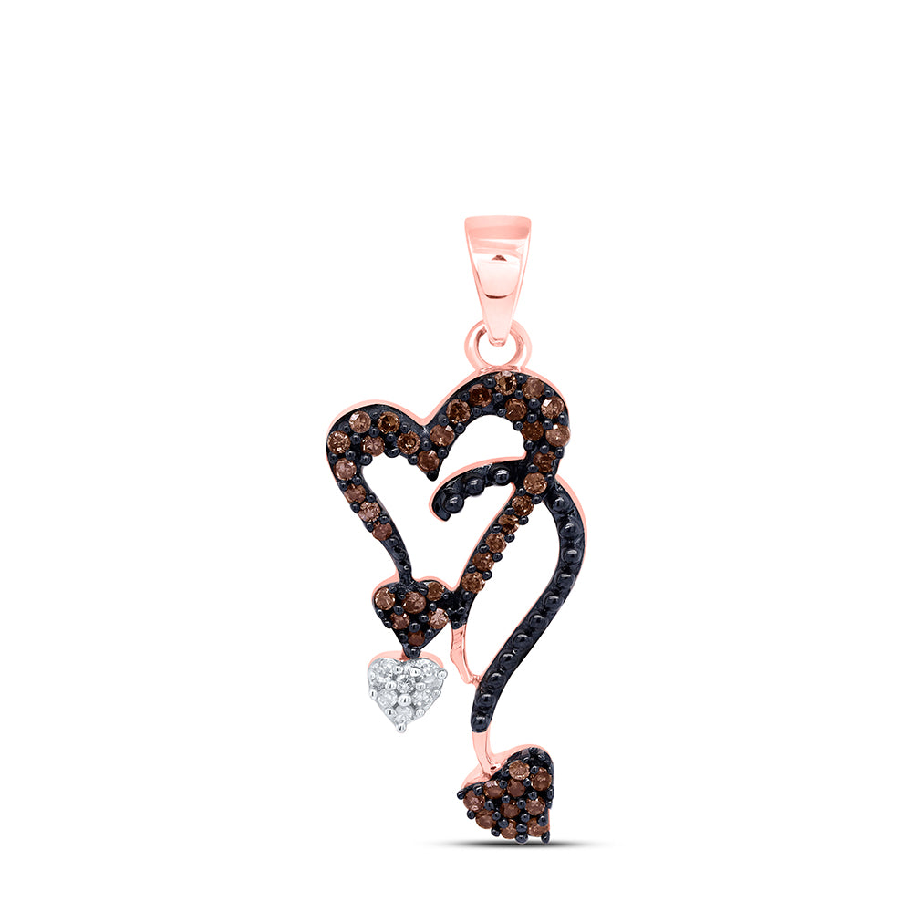 10kt Rose Gold Women's Red Color Enhanced Diamond Cluster Heart Droplet Pendant 1/5 ctw