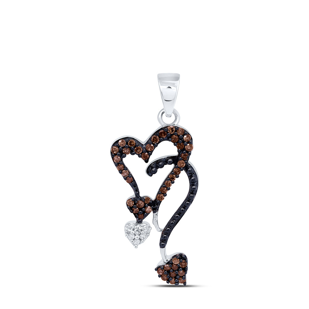 10kt White Gold Women's Brown Diamond Double Heart Droplet Pendant 1/5 ctw
