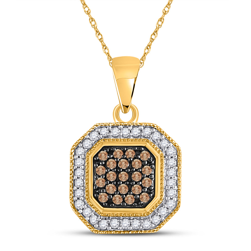 10kt Yellow Gold Women's Brown Diamond Octagon Cluster Pendant 1/3 ctw