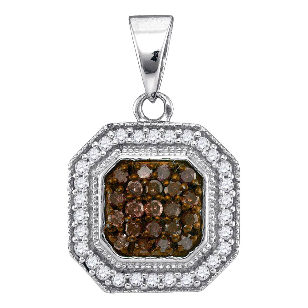10kt White Gold Women's Brown Diamond Octagon Cluster Pendant 1/3 ctw