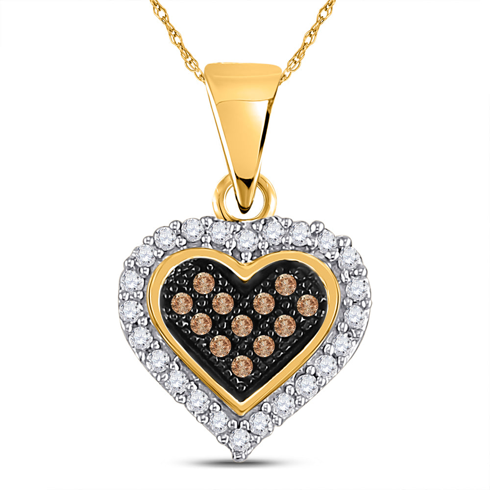 10kt Yellow Gold Women's Brown Diamond Heart Cluster Pendant 1/8 ctw