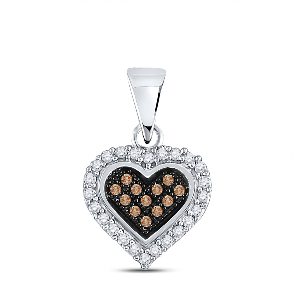 10kt White Gold Women's Brown Diamond Heart Cluster Pendant 1/8 ctw