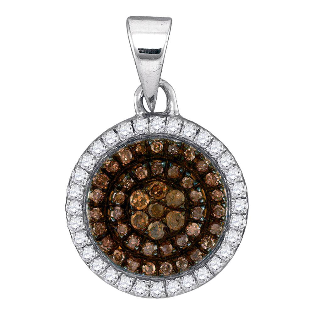 10kt White Gold Women's Brown Diamond Circle Frame Cluster Pendant 1/3 ctw