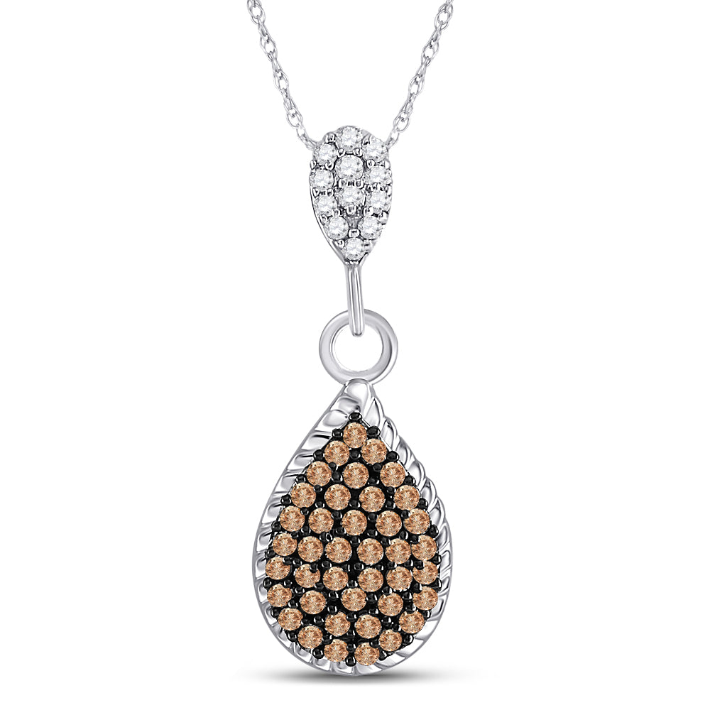 10kt White Gold Women's Brown Diamond Teardrop Cluster Pendant 1/4 ctw