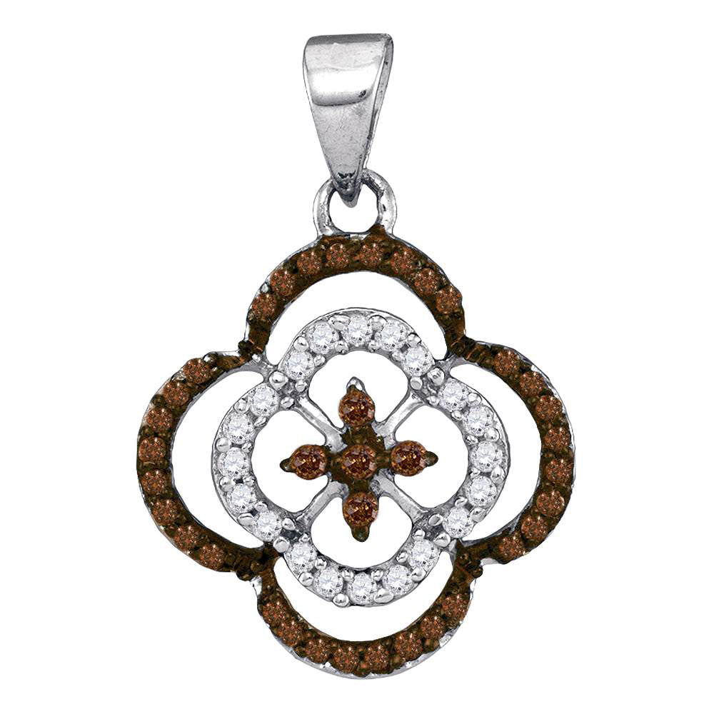 10kt White Gold Women's Brown Diamond Quatrefoil Cluster Pendant 1/4 ctw