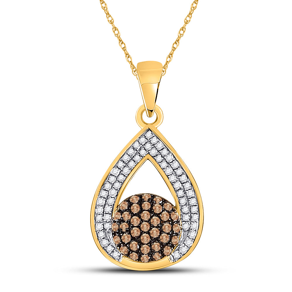 10kt Yellow Gold Women's Brown Diamond Teardrop Cluster Pendant 1/3 ctw