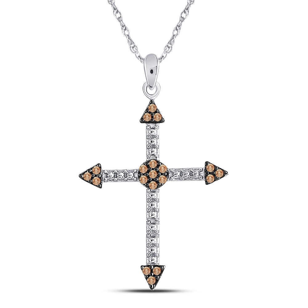 10kt White Gold Women's Brown Diamond Cross Beaded Pendant 1/6 ctw