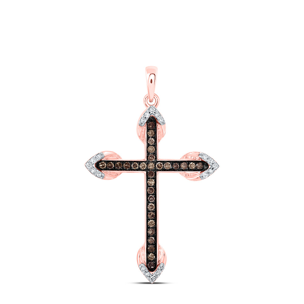 14kt Rose Gold Women's Brown Diamond Cross Faith Pendant 1/4 ctw