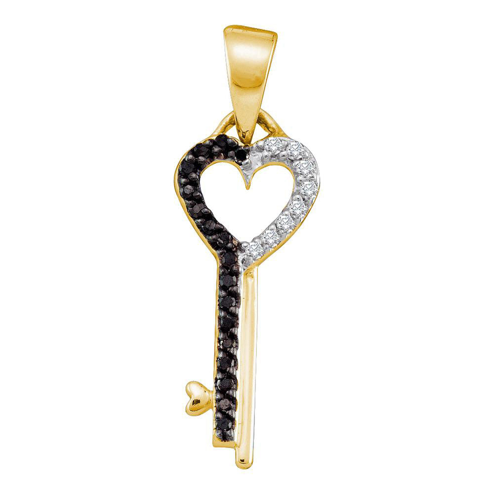 10kt Yellow Gold Women's Black Color Enhanced Diamond Key Heart Pendant 1/10 ctw