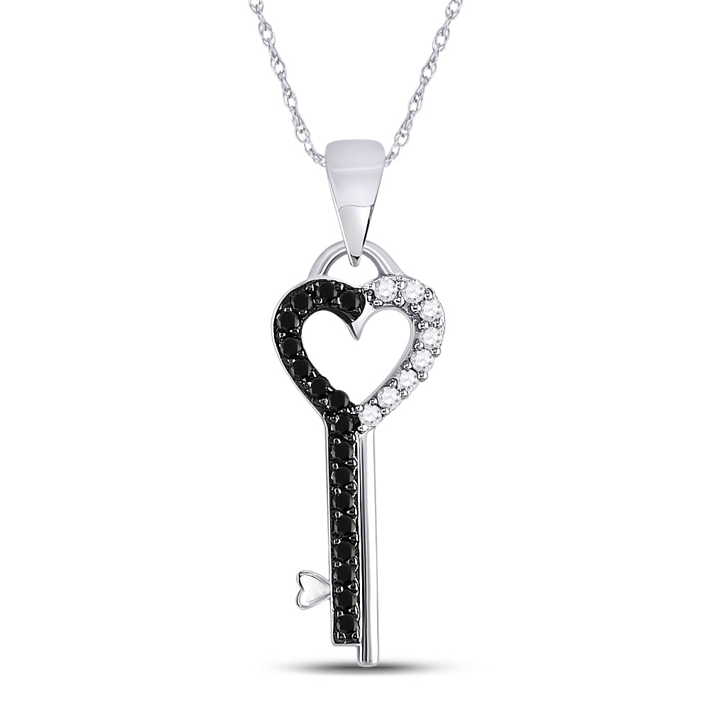 10kt White Gold Women's Black Color Enhanced Diamond Key Heart Pendant 1/8 ctw