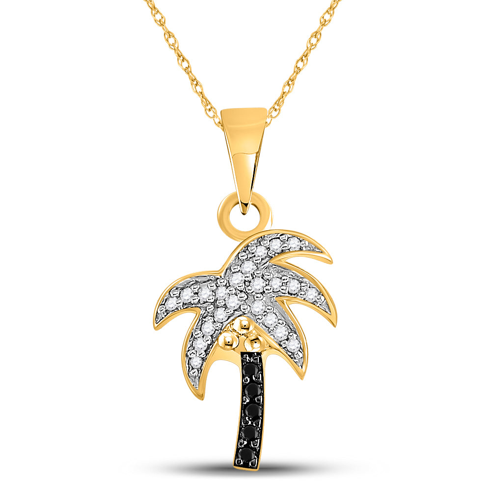 10kt Yellow Gold Women's Black Color Enhanced Diamond Nautical Palm Tree Beach Pendant 1/8 ctw