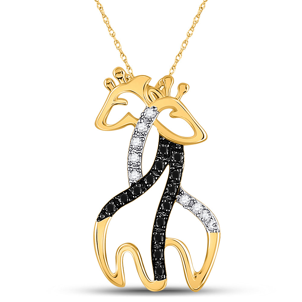 10kt Yellow Gold Women's Black Color Enhanced Diamond Giraffe Animal Pendant 1/10 ctw
