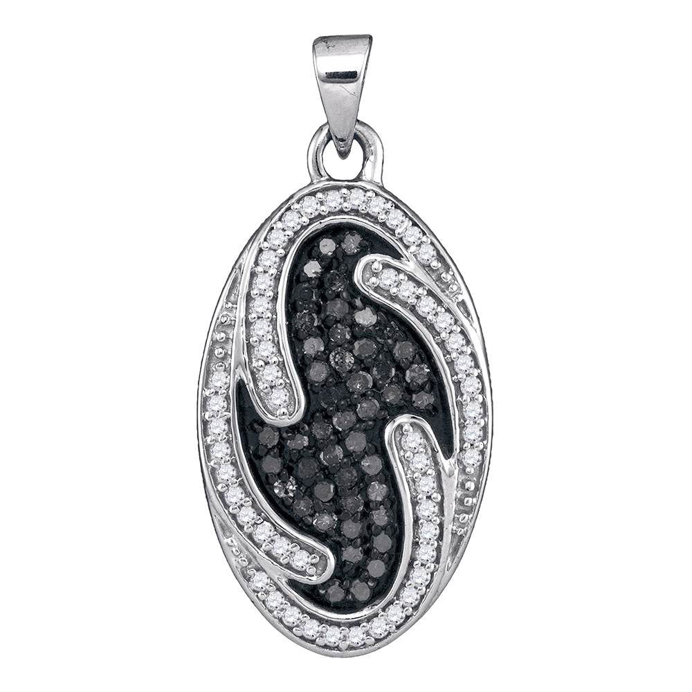 10kt White Gold Women's Black Color Enhanced Diamond Oval Cluster Pendant 1/2 ctw