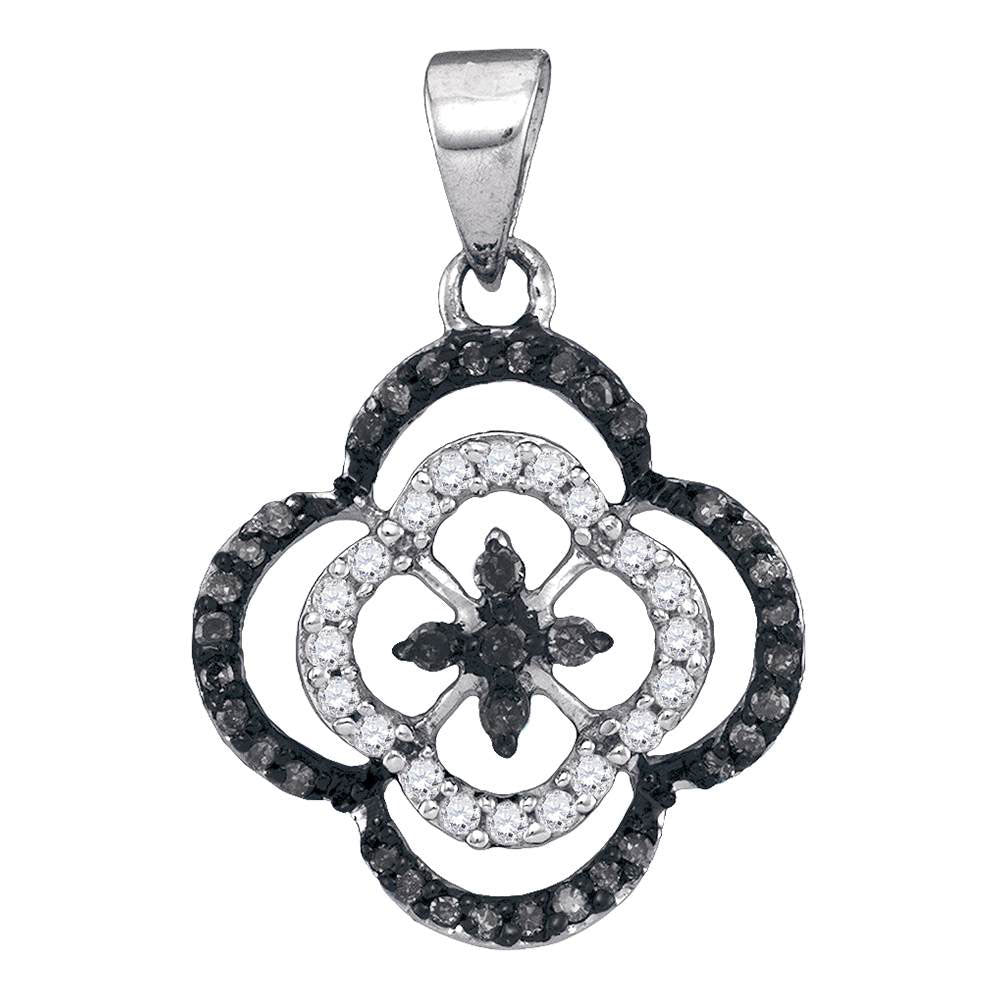 10kt White Gold Women's Black Color Enhanced Diamond Quatrefoil Cluster Pendant 1/4 ctw
