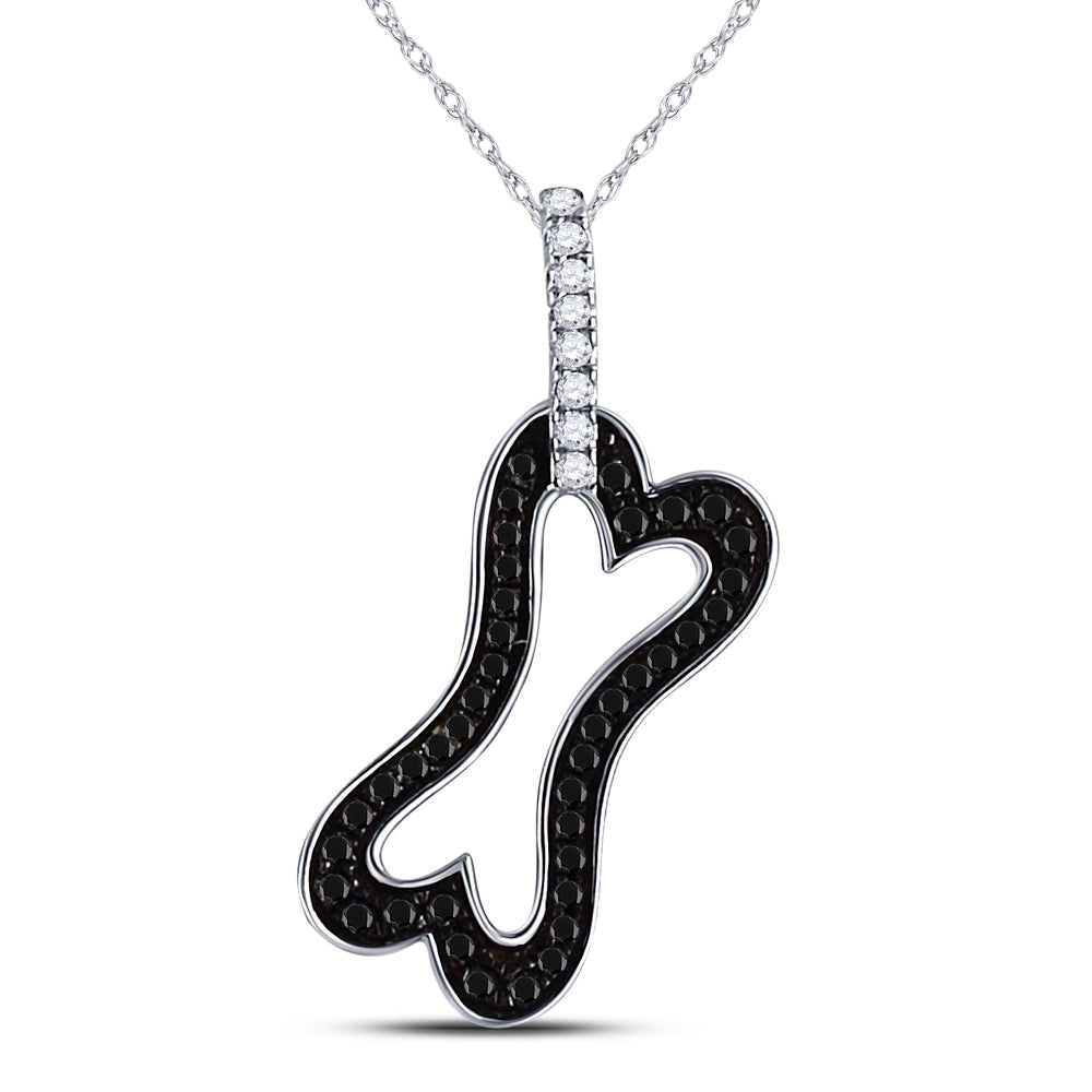10kt White Gold Women's Black Color Enhanced Diamond Dog Bone Pendant 1/3 ctw