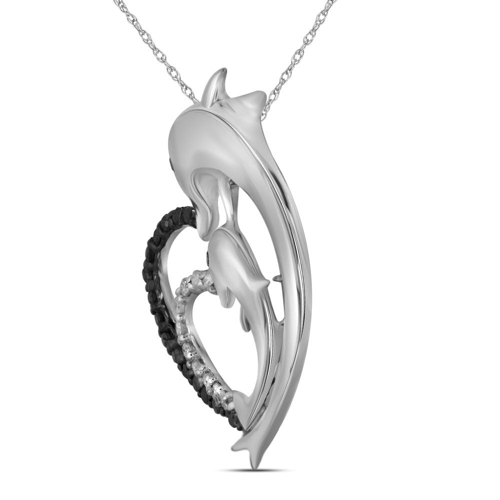 10kt White Gold Women's Black Color Enhanced Diamond Dolphin Heart Pendant 1/8 ctw