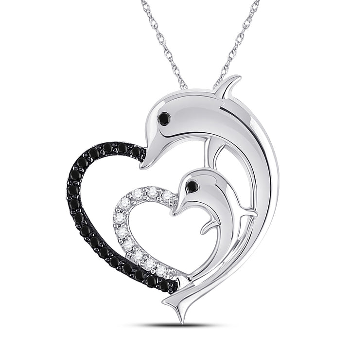 10kt White Gold Women's Black Color Enhanced Diamond Dolphin Heart Pendant 1/8 ctw - view 2