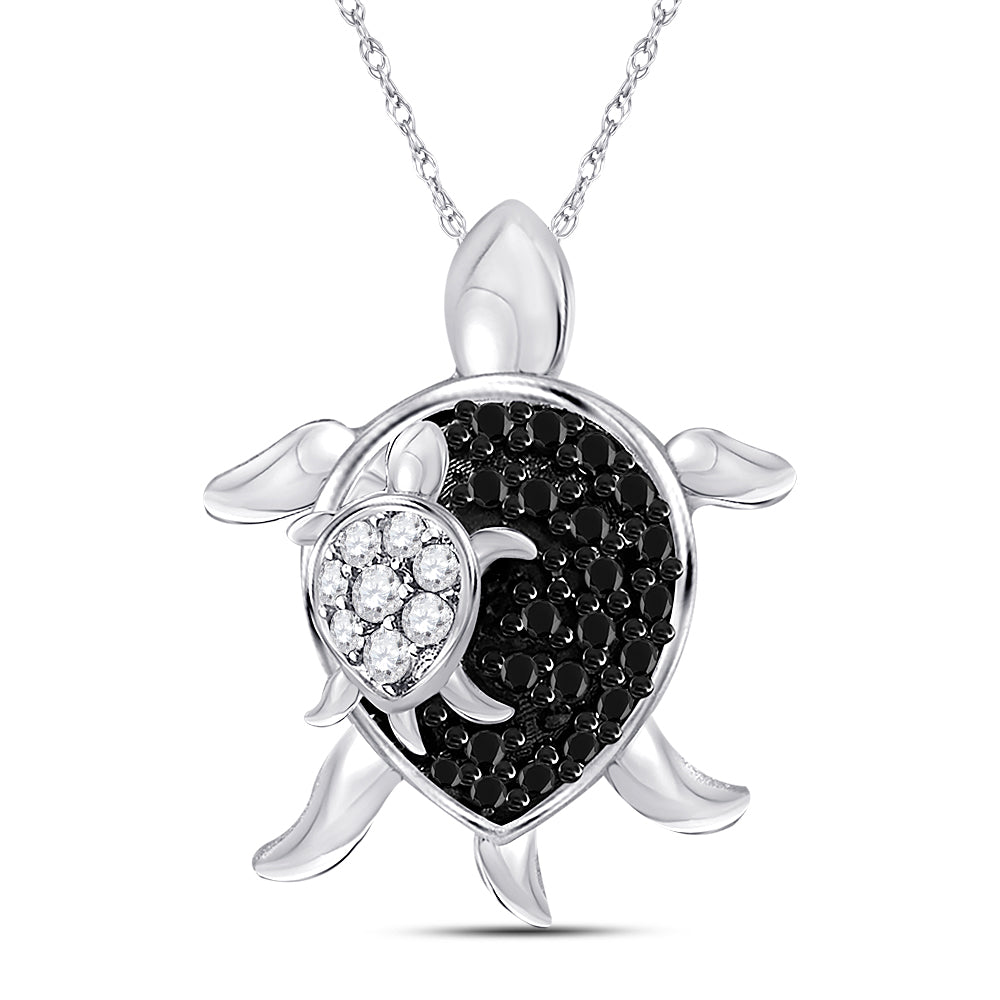 10kt White Gold Women's Black Color Enhanced Diamond Turtle Animal Pendant 1/8 ctw