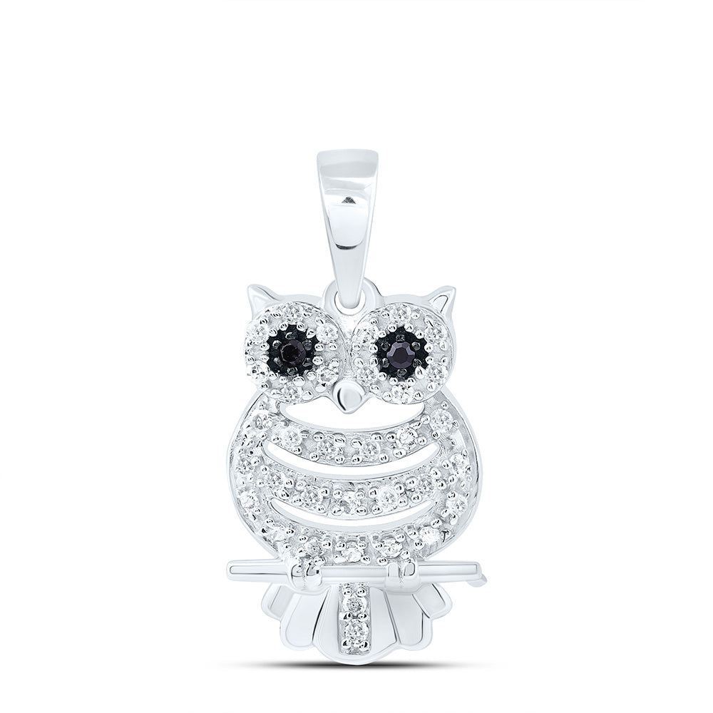 10kt White Gold Women's Black Color Enhanced Diamond Owl Bird Animal Pendant 1/6 ctw