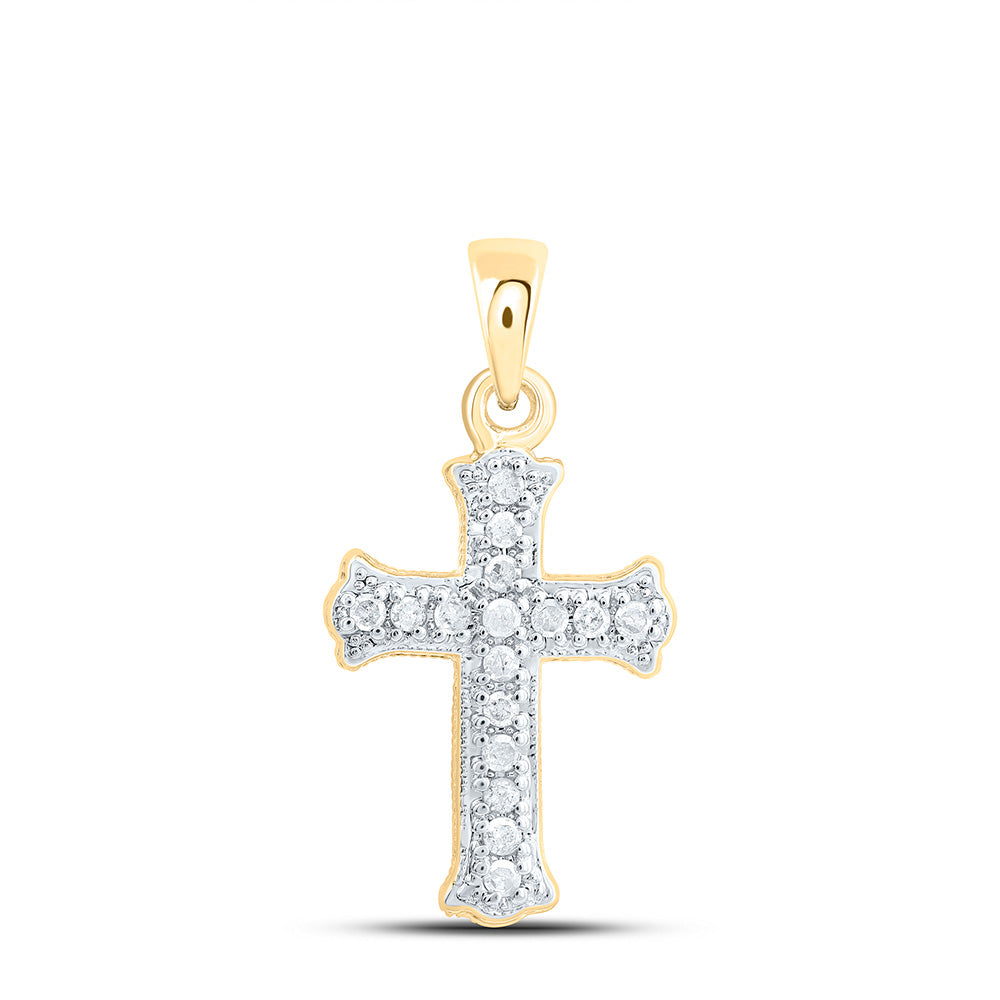 10kt Yellow Gold Women's Diamond Small Scalloped Cross Religious Pendant 1/12 ctw