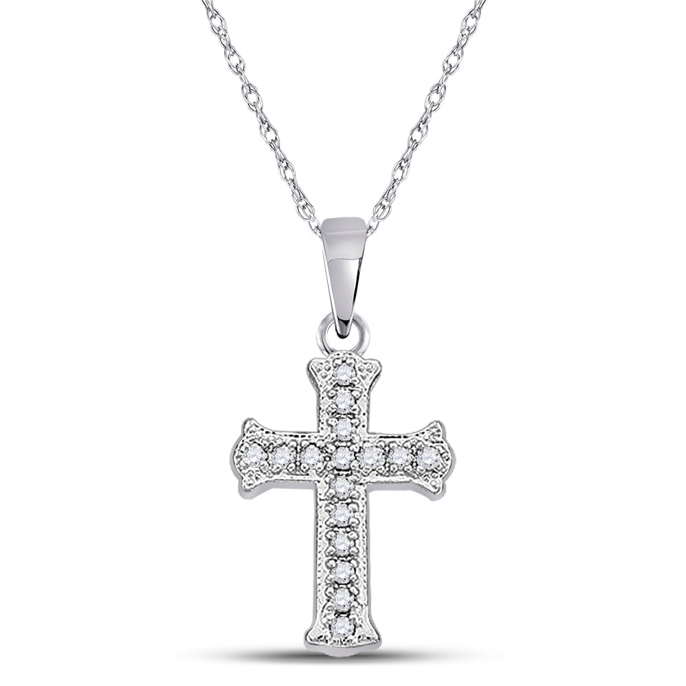 10kt White Gold Women's Diamond Small Scalloped Cross Religious Pendant 1/12 ctw