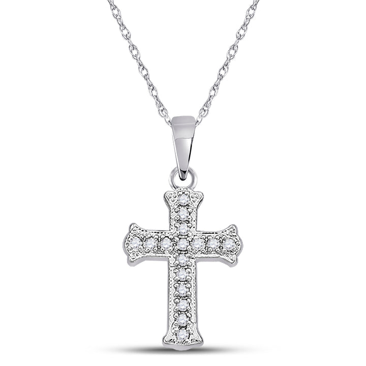 10kt White Gold Women's Diamond Small Scalloped Cross Religious Pendant 1/12 ctw