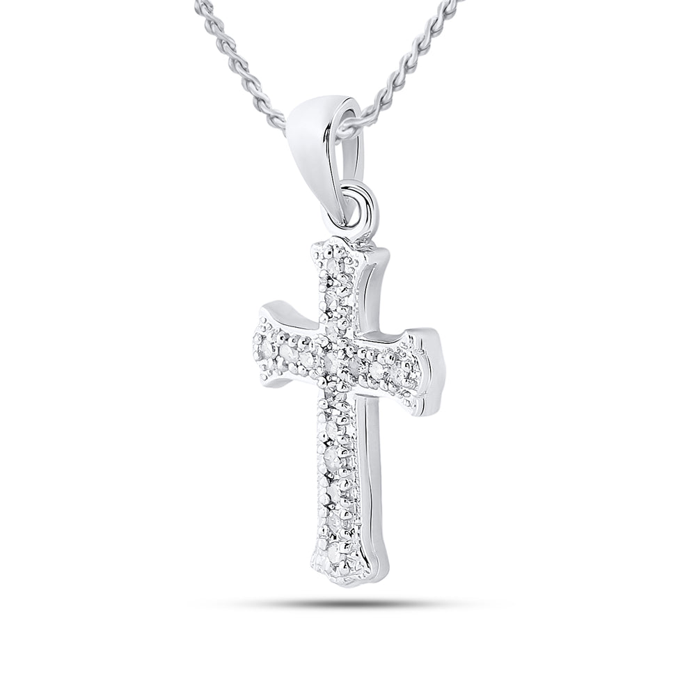 10kt White Gold Women's Diamond Small Scalloped Cross Religious Pendant 1/12 ctw - view 2