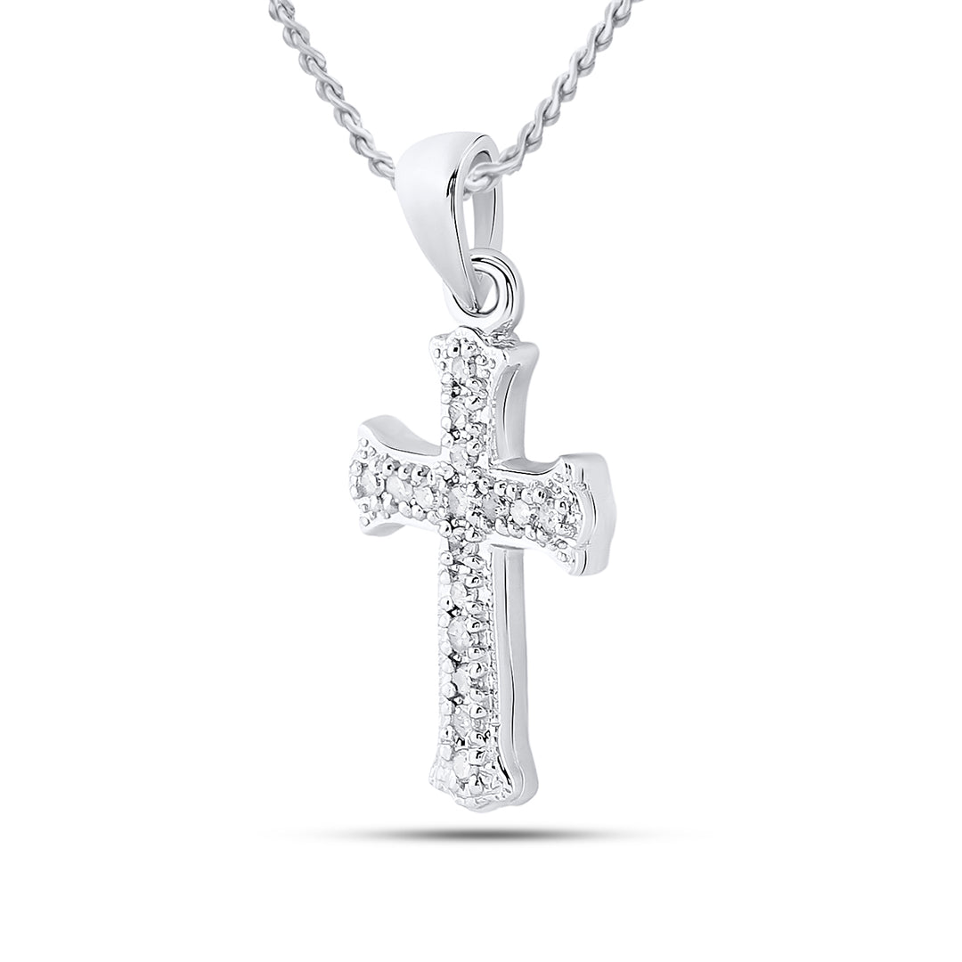 10kt White Gold Women's Diamond Small Scalloped Cross Religious Pendant 1/12 ctw - view 2