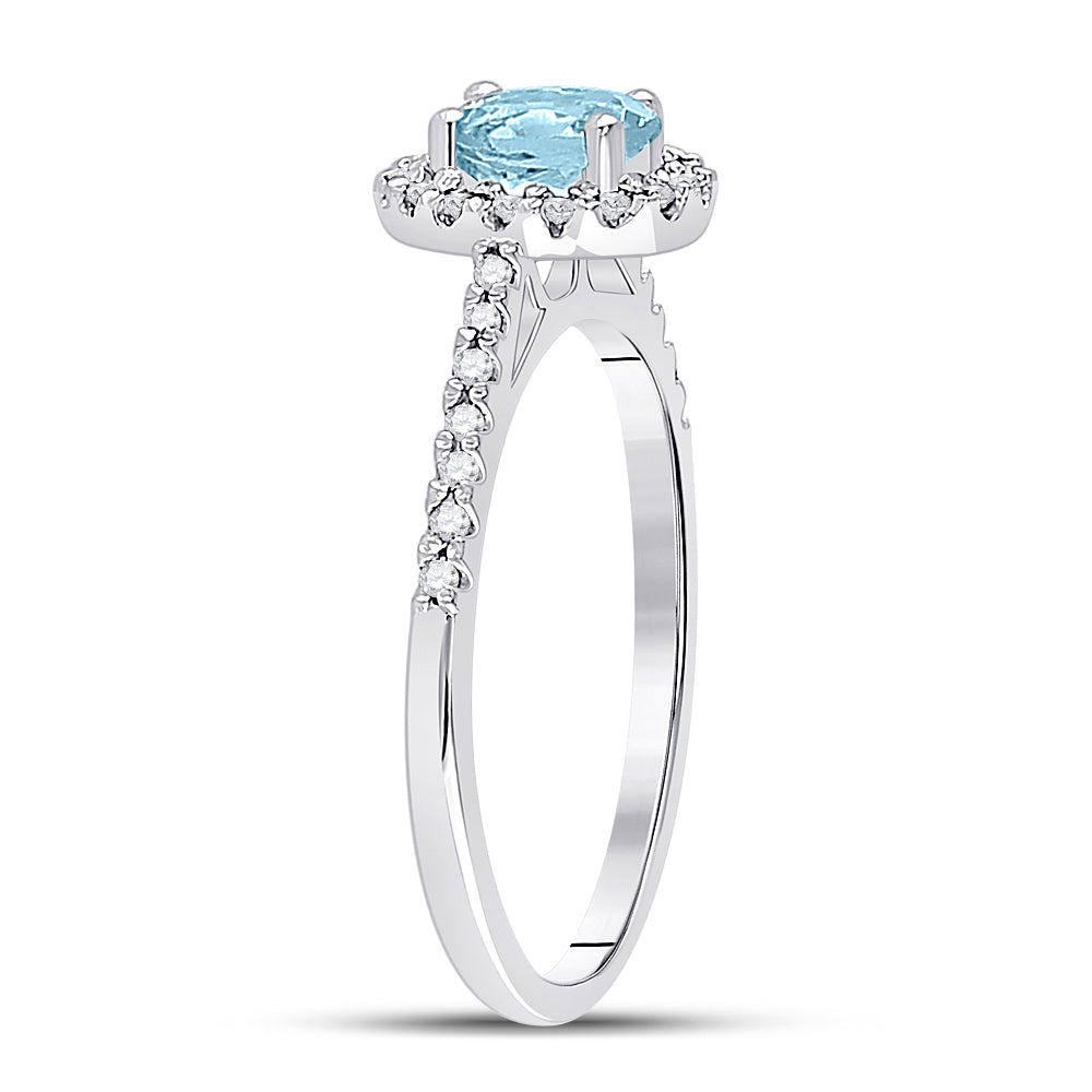 10kt White Gold Womens Oval Aquamarine Diamond-accent Solitaire Ring 1/5 Cttw