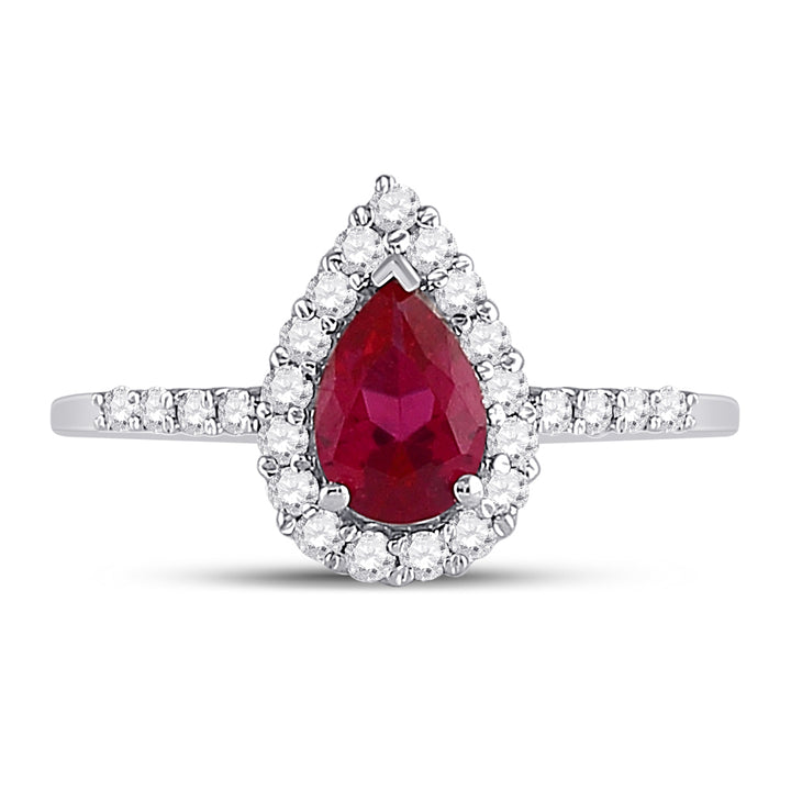 10kt White Gold Womens Pear Lab-Created Ruby Solitaire Diamond Frame  Ring 1-1/5 Cttw