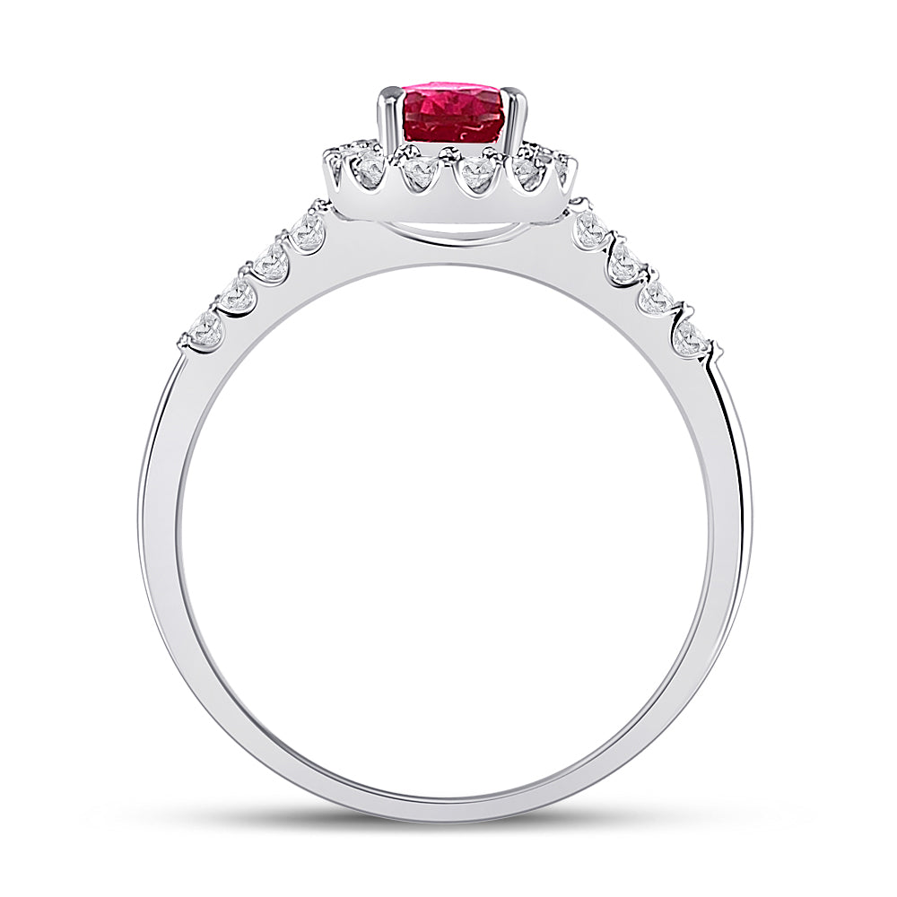 10kt White Gold Womens Pear Lab-Created Ruby Solitaire Diamond Frame  Ring 1-1/5 Cttw