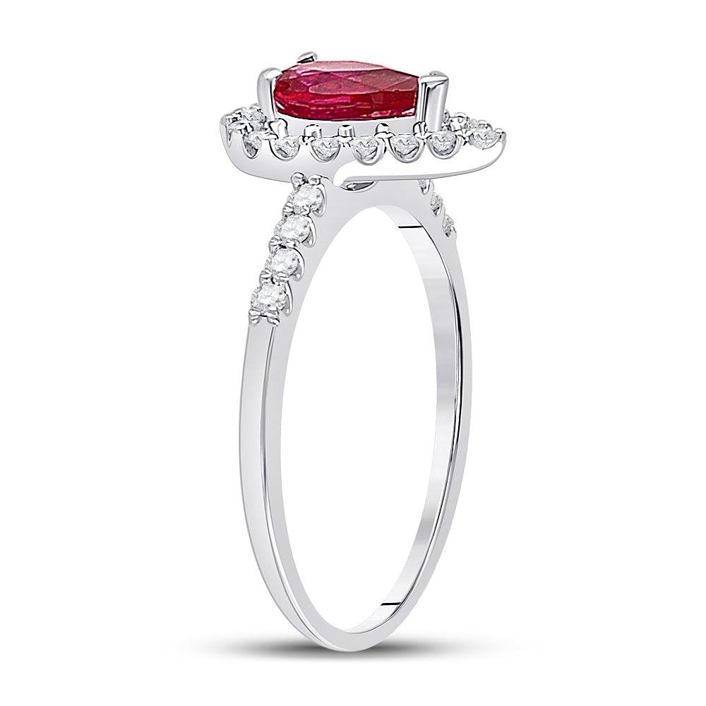 10kt White Gold Womens Pear Lab-Created Ruby Solitaire Diamond Frame  Ring 1-1/5 Cttw