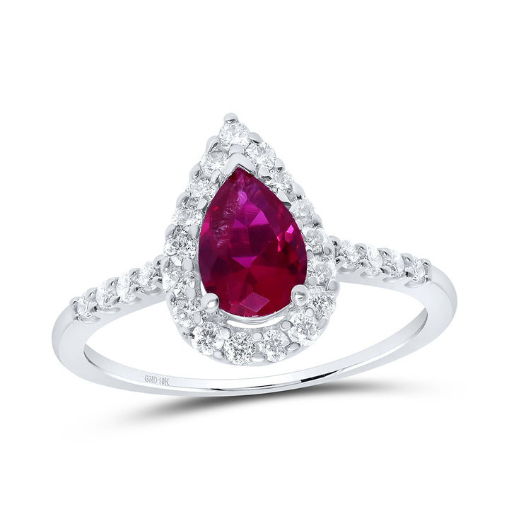 10kt White Gold Womens Pear Lab-Created Ruby Solitaire Diamond Frame  Ring 1-1/5 Cttw