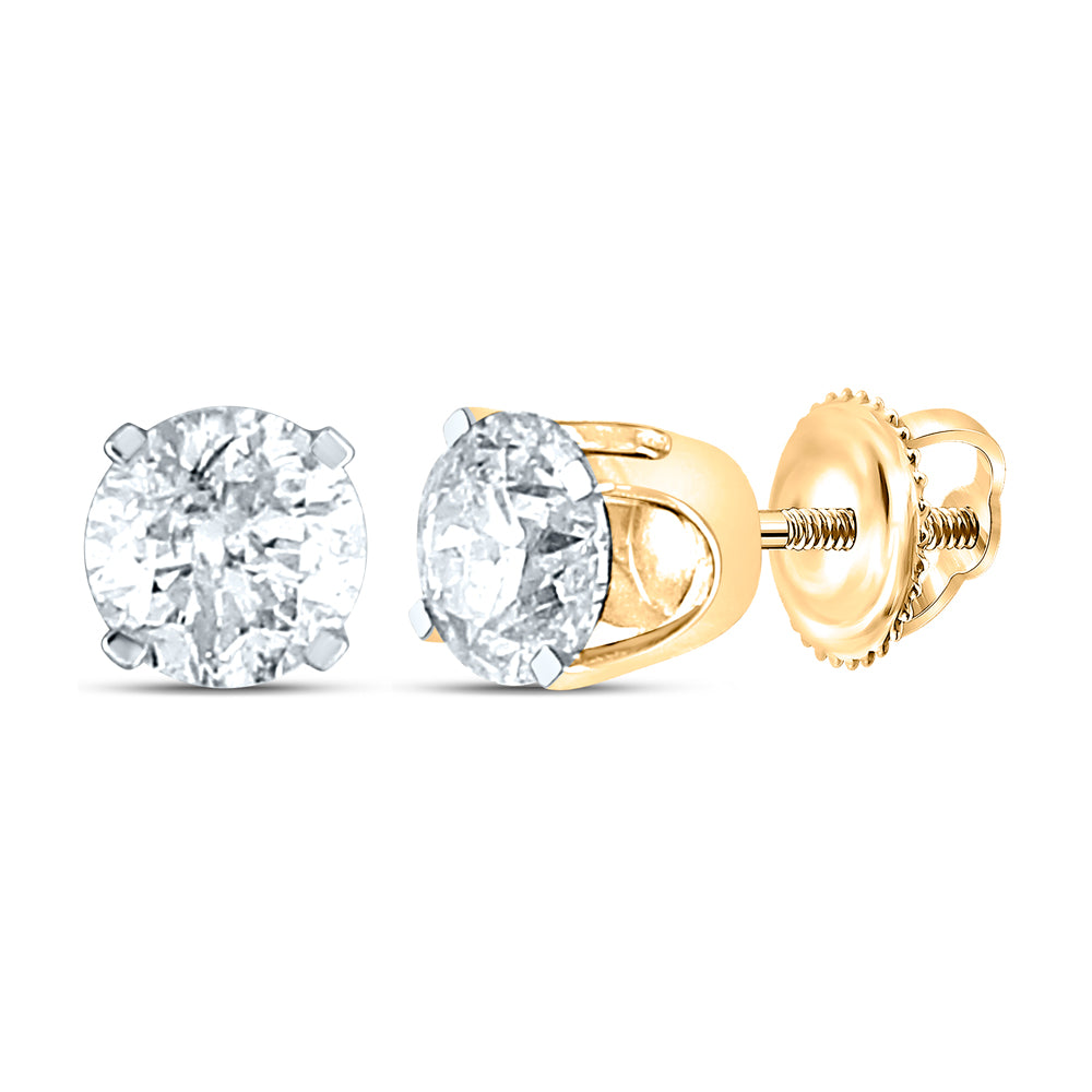 14kt Yellow Gold Unisex Round Diamond Solitaire Stud Earrings 1.00 Cttw