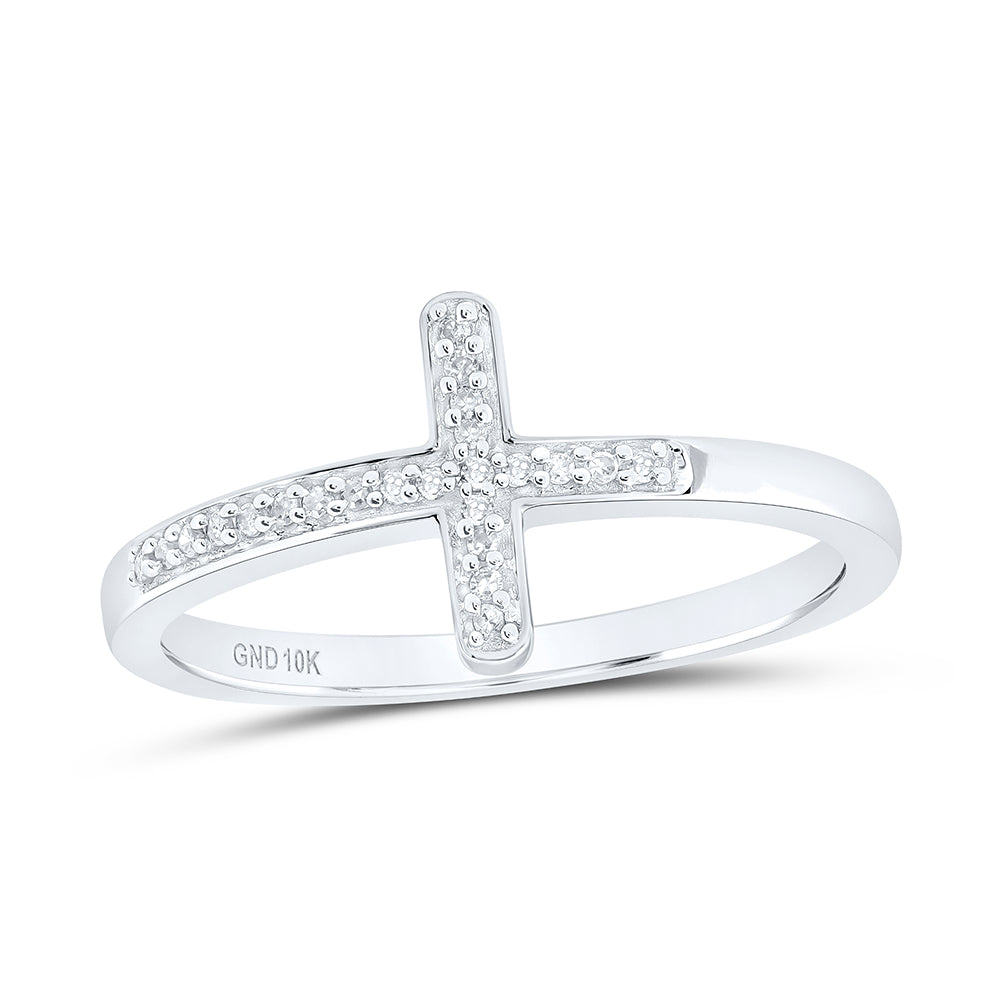 10kt White Gold Womens Round Diamond Cross Religious Band Ring 1/20 Cttw