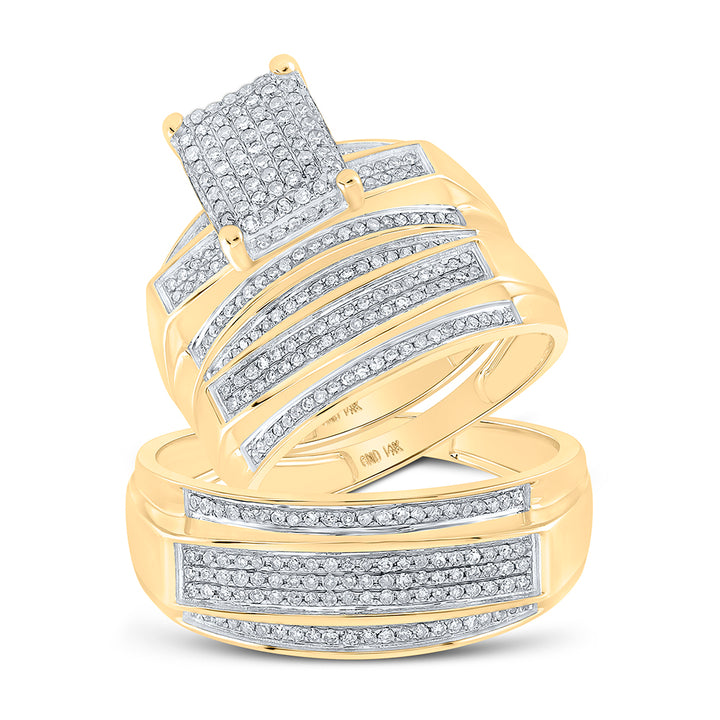 10kt Yellow Gold His & Hers Round Diamond Rectangle Cluster Matching Bridal Wedding Ring Band Set 3/4 Cttw