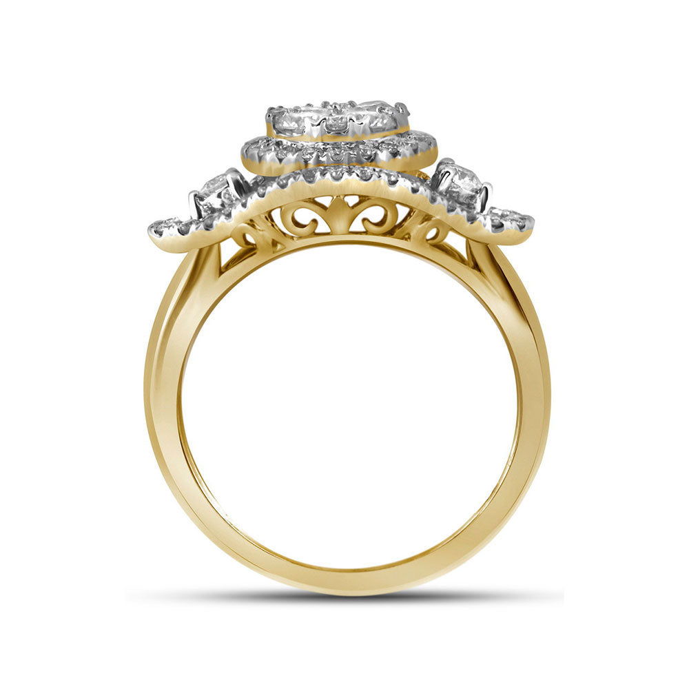 10kt Yellow Gold Womens Round Diamond Cluster Halo Bridal Wedding Engagement Ring 1-1/5 Cttw