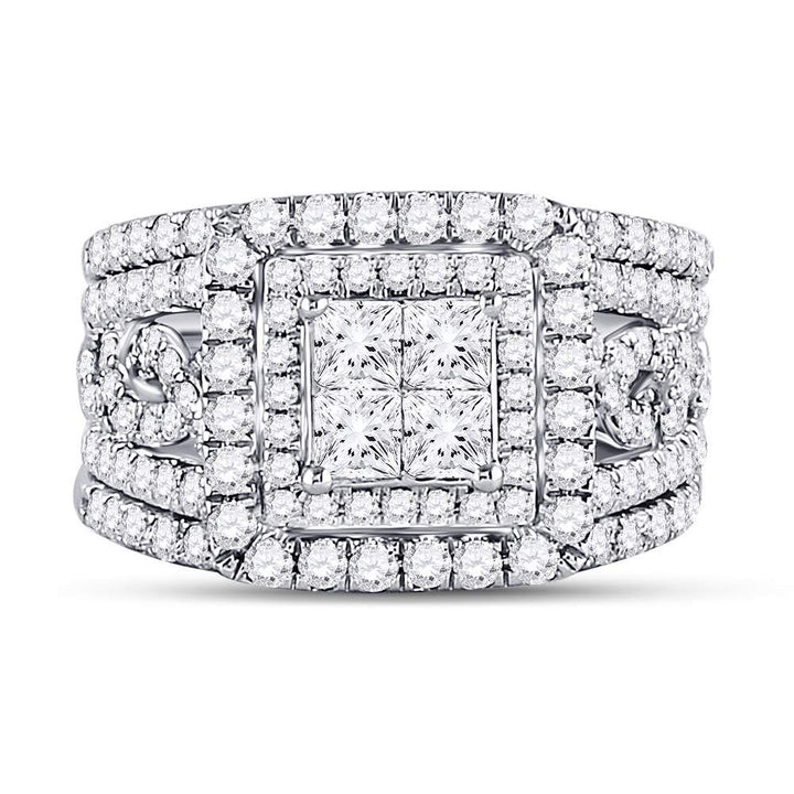 14kt White Gold Womens Princess Diamond Bridal Wedding Engagement Ring Band Set 2-1/2 Cttw